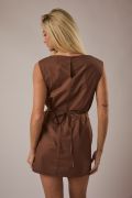 Brown Boat Neck Waist Tie Mini Dress – Cotton Woven Sleeveless Dress
