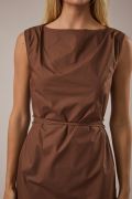Brown Boat Neck Waist Tie Mini Dress – Cotton Woven Sleeveless Dress