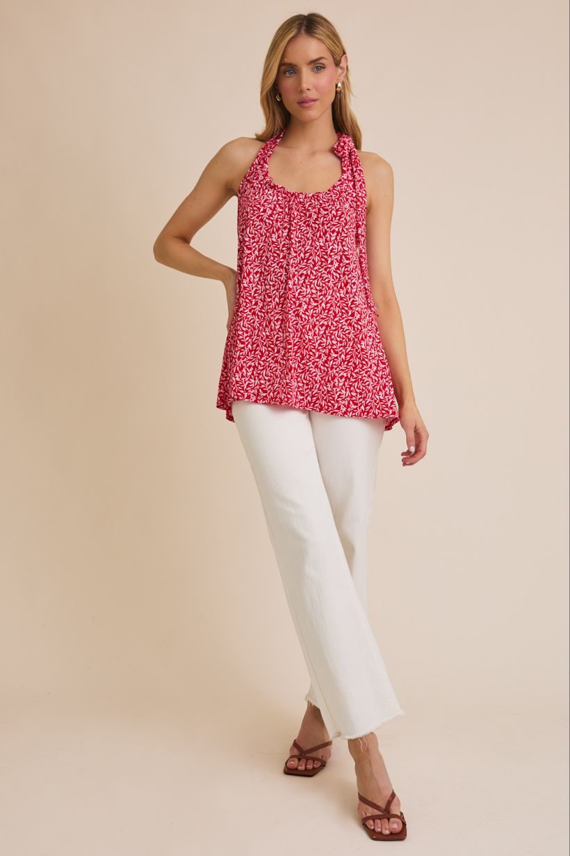 Round Neck Sleeveless Bow Halter Top – Flowy Printed Summer Blouse
