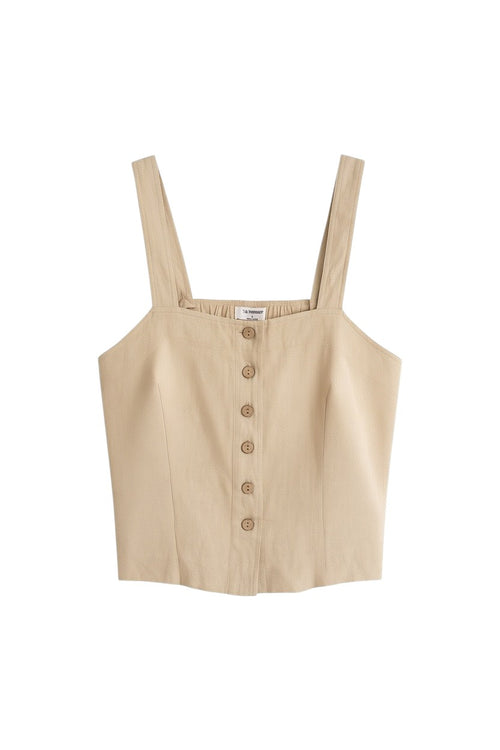 Yanet Collection Shop beige sleeveless button-up crop top with a textured finish and square neckline