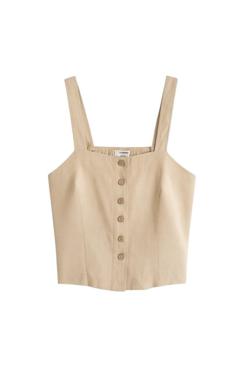 Yanet Collection Shop beige sleeveless button-up crop top with a textured finish and wide straps