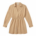 Yanet Collection Shop beige long sleeve button-up dress with a collared neckline and elastic waist in textured fabric.