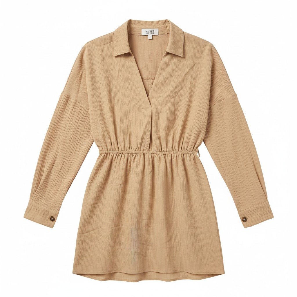 Yanet Collection Shop beige long sleeve button-up dress with a collared neckline and elastic waist in textured fabric.