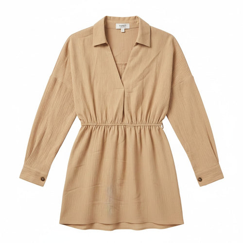 Yanet Collection Shop beige long sleeve button-up dress with a collared neckline and elastic waist in textured fabric.