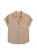 Yanet Collection Shop beige short sleeve button-up shirt with a classic collar, chest pocket, and relaxed crinkled fit.