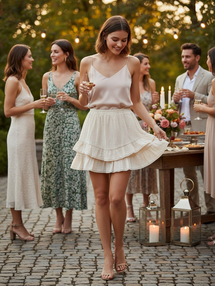 Yanet Collection Shop woman wearing a beige satin camisole and ruffled mini skirt at an outdoor garden party