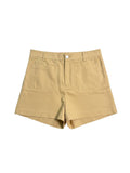 Yanet Collection Shop beige high-waisted cotton shorts with front patch pockets and a button fly closure.