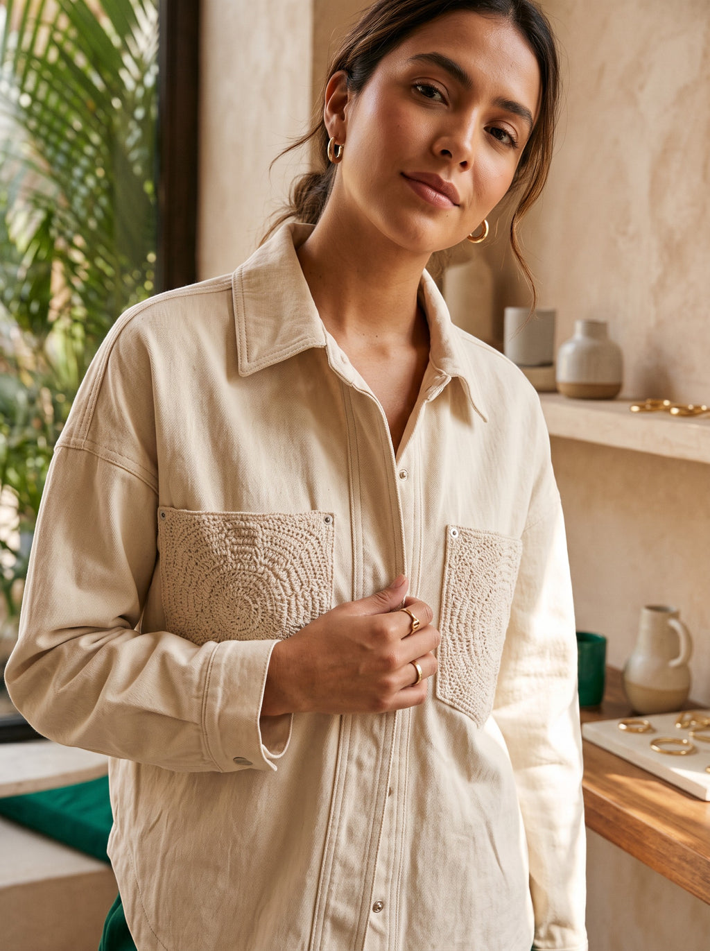 Yanet Collection Shop beige cotton jacket featuring unique crochet pocket detailing and a classic collar