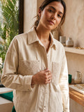 Yanet Collection Shop beige cotton jacket featuring unique crochet pocket detailing and a classic collar