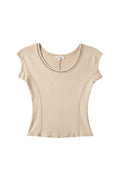 Yanet Collection Shop beige fitted short sleeve top with round neckline and contrast trim in textured fabric