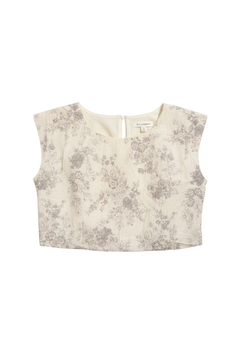 Yanet Collection Shop beige crop top with grey floral print, round neckline, and textured fabric