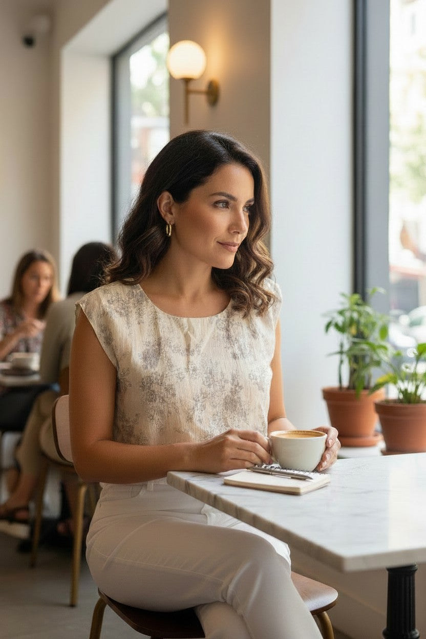 Yanet Collection Shop beige short sleeve crop top with delicate floral print worn by a woman in a cafe