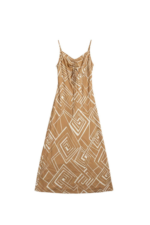 Yanet Collection Shop beige maxi dress with spaghetti straps and white geometric print in a flowing silhouette