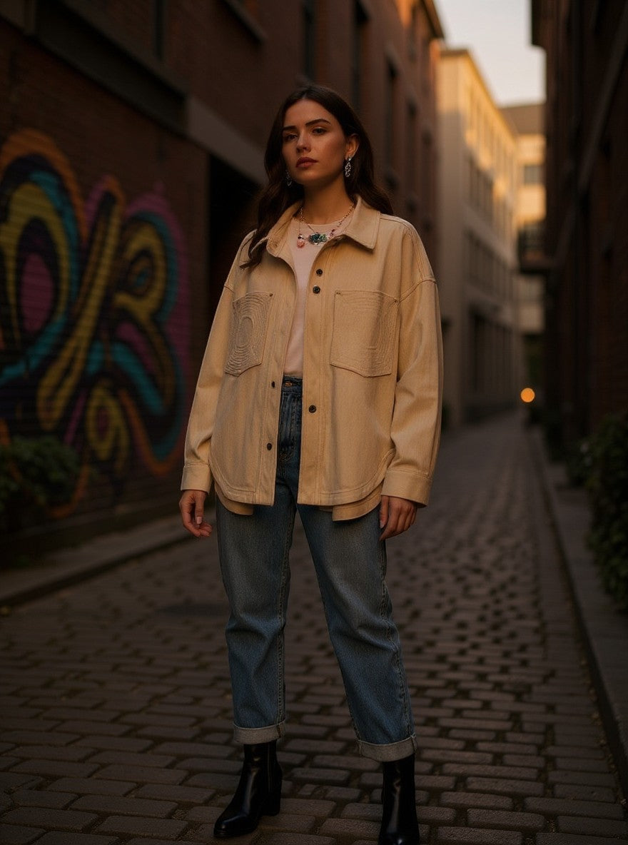 A woman wearing a beige Yanet Collection Shop button-up jacket with large pockets, styled with jeans in an alleyway.