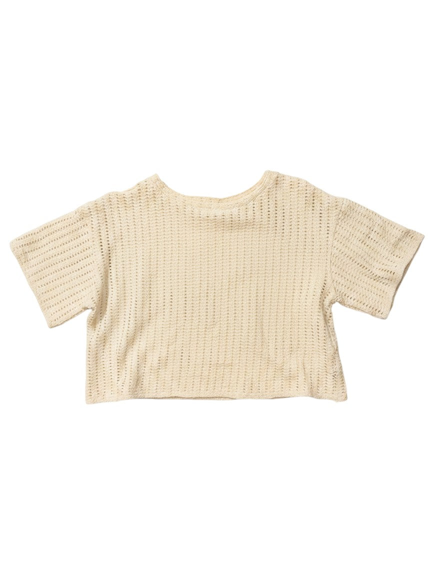 Yanet Collection Shop beige short-sleeve knit crop top with a textured open-weave pattern