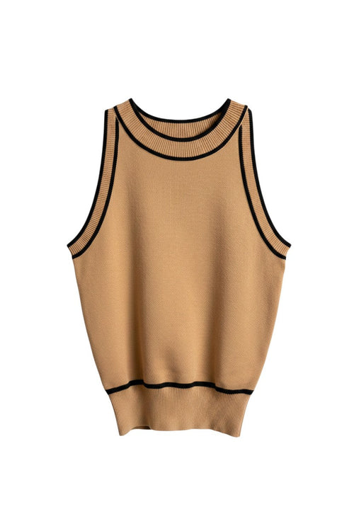 Yanet Collection Shop beige sleeveless knit top with black contrast trim on the neckline, armholes, and hem.