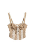 Yanet Collection Shop beige strapless crop top with white lace trim and front tie detail