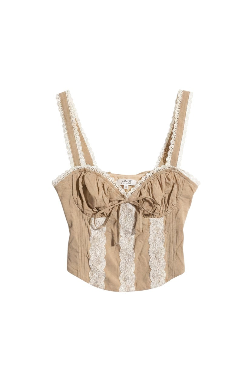 Yanet Collection Shop beige strapless crop top with white lace trim and front tie detail