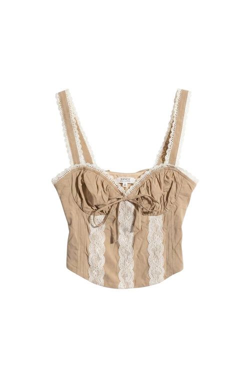 Yanet Collection Shop beige strapless crop top with white lace trim and front tie detail