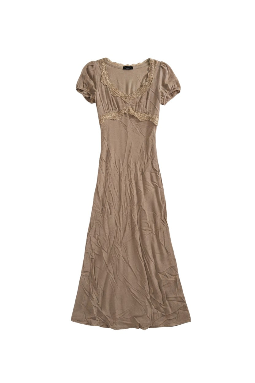 Yanet Collection Shop beige midi dress with short puff sleeves and delicate lace trim along the sweetheart neckline