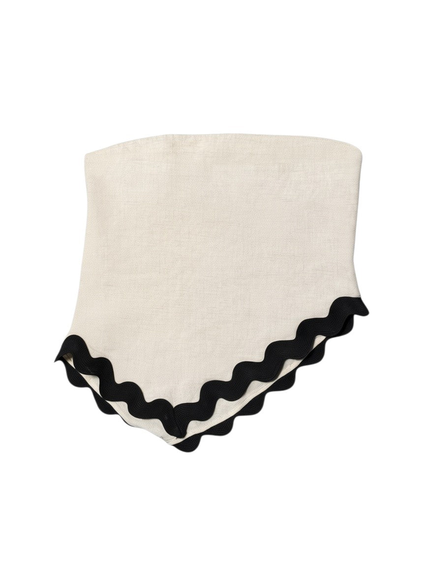 Yanet Collection Shop beige linen strapless top featuring a decorative black wavy scalloped hem