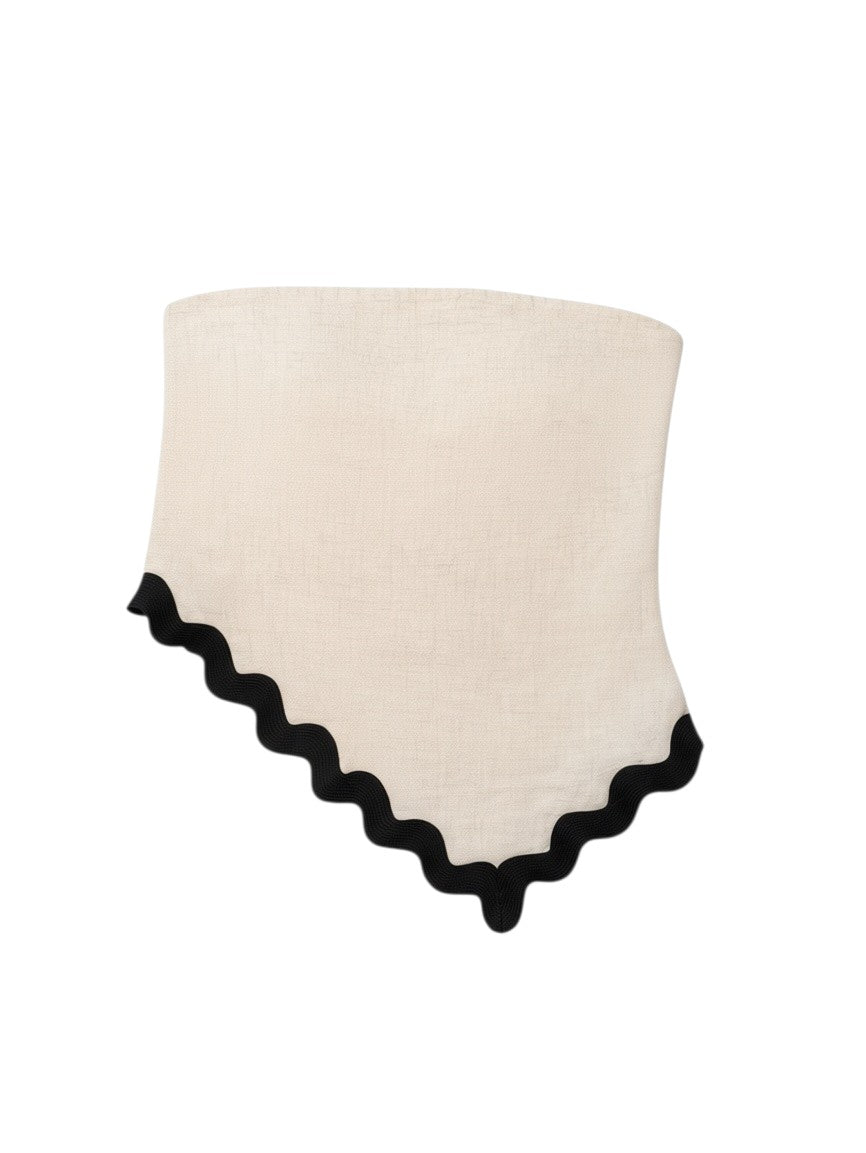 Yanet Collection Shop beige linen strapless top with a black scalloped hem detail