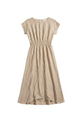 Yanet Collection Shop August sky beige midi dress with cap sleeves, elasticated waist, and a high-low hemline.