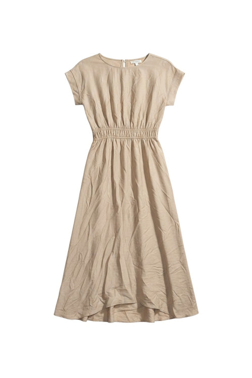 Yanet Collection Shop August sky beige midi dress with cap sleeves, elasticated waist, and a high-low hemline.