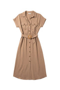 Yanet Collection Shop beige midi shirt dress with short sleeves, button-down front, chest pockets, and a woven belt.