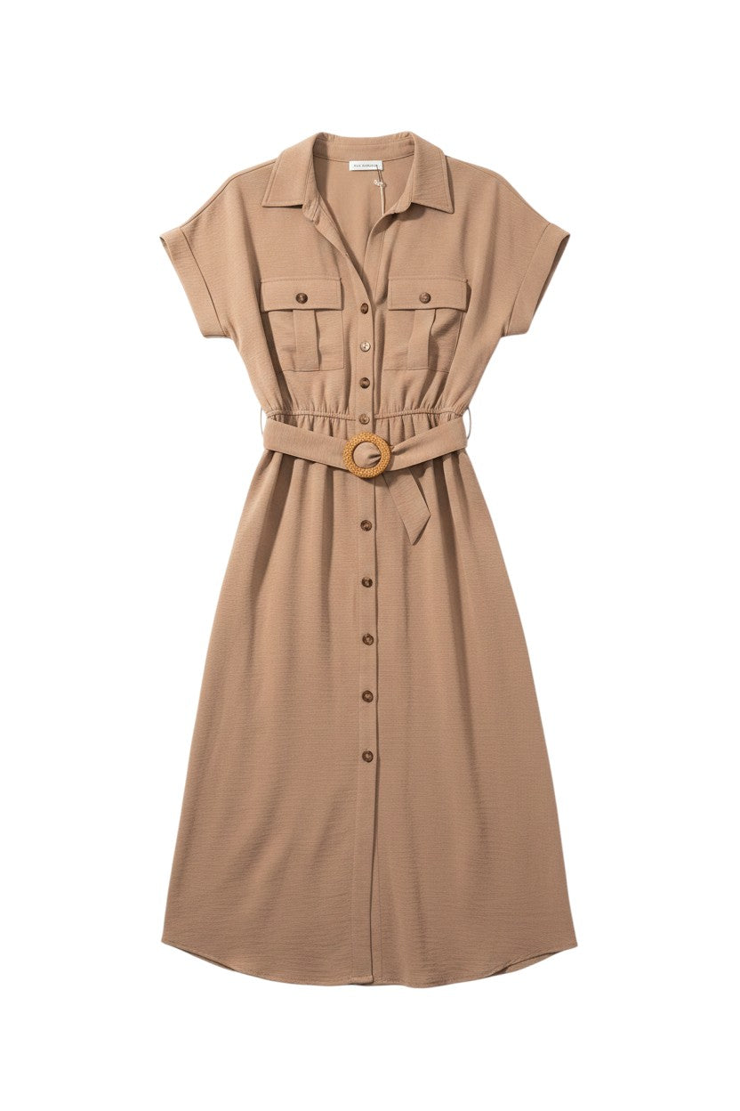 Yanet Collection Shop beige midi shirt dress with short sleeves, button-down front, chest pockets, and a woven belt.