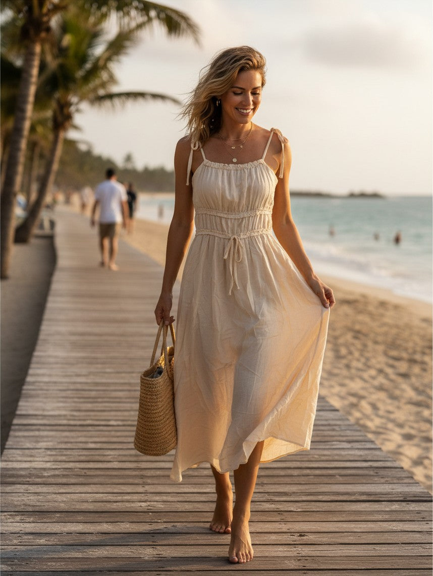 Yanet Collection Shop beige midi sundress with tie straps and gathered waist, worn by a woman walking on a beach path