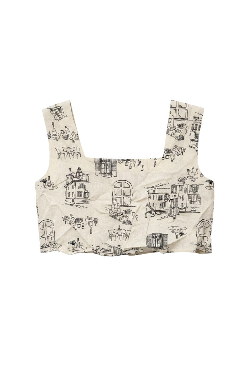 Yanet Collection Shop beige sleeveless crop top with square neckline and whimsical black architectural line art print