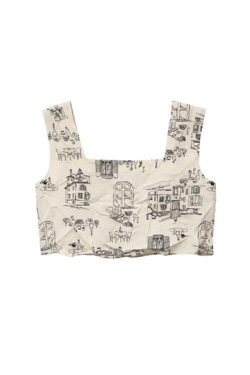 Yanet Collection Shop beige sleeveless crop top with square neckline and whimsical black architectural line art print