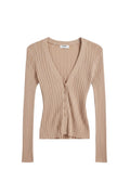 Yanet Collection Shop beige ribbed v-neck cardigan with button-down front and long sleeves