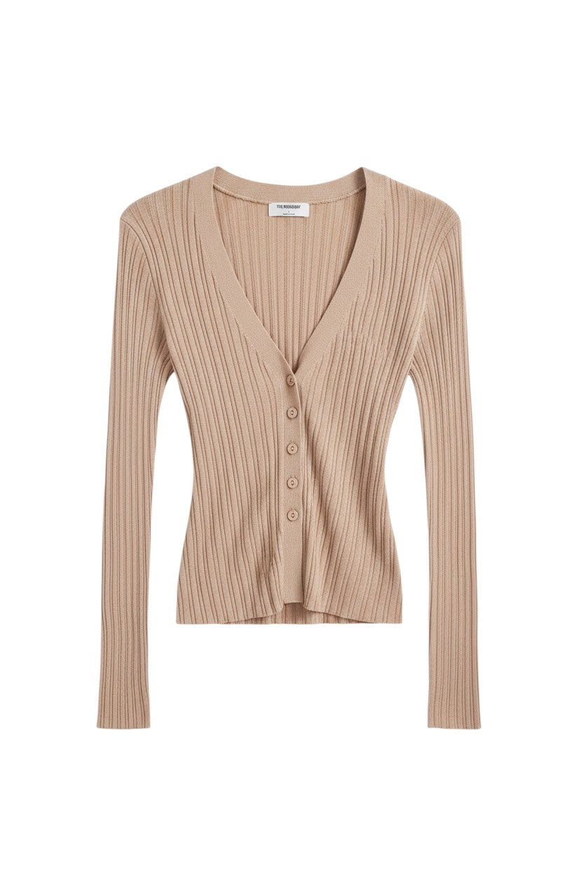 Yanet Collection Shop beige ribbed v-neck cardigan with button-down front and long sleeves
