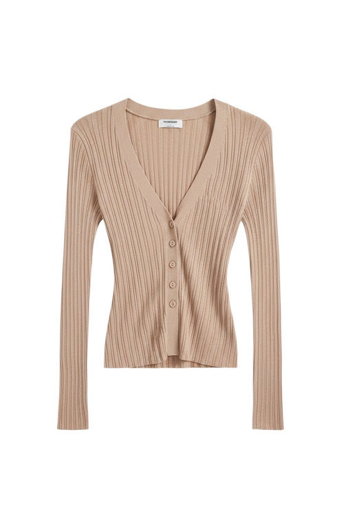 Yanet Collection Shop beige ribbed v-neck cardigan with button-down front and long sleeves