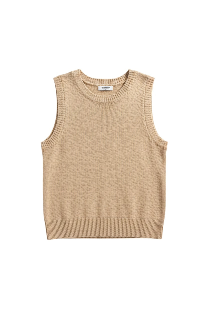 Yanet Collection Shop beige sleeveless knit top with a ribbed crew neckline and hem in a relaxed fit.