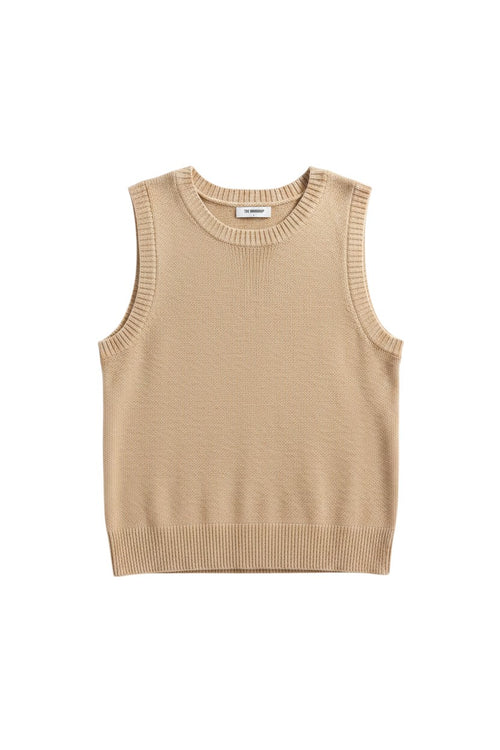 Yanet Collection Shop beige sleeveless knit top with a ribbed crew neckline and hem in a relaxed fit.