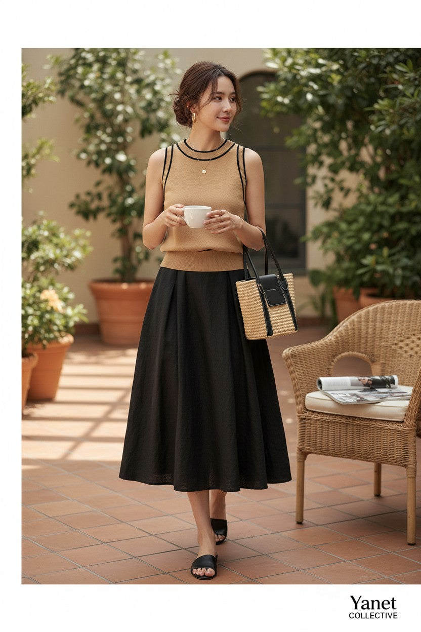 Yanet Collection Shop beige sleeveless ribbed knit top with contrast trim worn by a woman with a black midi skirt