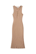 Yanet Collection Shop beige sleeveless ribbed maxi dress with a button-down neckline and fitted silhouette.