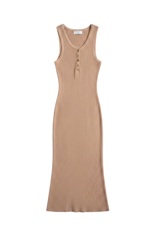 Yanet Collection Shop beige sleeveless ribbed maxi dress with a button-down neckline and fitted silhouette.