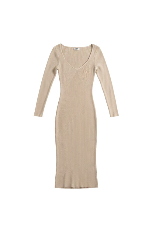 Yanet Collection Shop beige long sleeve maxi dress with a v-neckline and ribbed texture in a form-fitting style.
