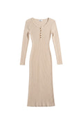 Yanet Collection Shop beige long sleeve ribbed maxi dress with button front detailing and a round neckline.
