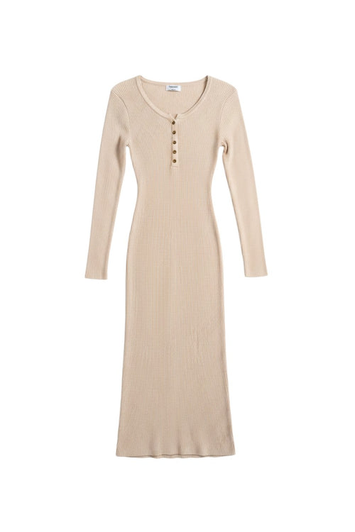 Yanet Collection Shop beige long sleeve ribbed maxi dress with button front detailing and a round neckline.