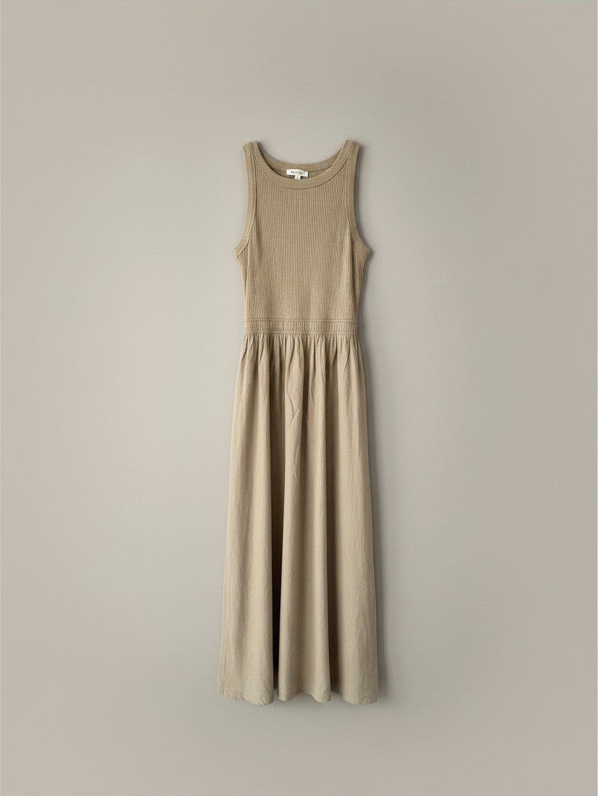 Yanet Collection Shop beige sleeveless maxi dress with a ribbed bodice and gathered waist in a relaxed fit.