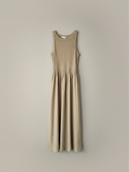 Yanet Collection Shop beige sleeveless maxi dress with a ribbed bodice and gathered waist in a relaxed fit.