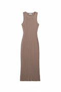 Yanet Collection Shop beige sleeveless ribbed maxi dress with a form-fitting silhouette on a white background