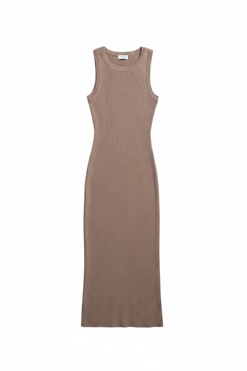 Yanet Collection Shop beige sleeveless ribbed maxi dress with a form-fitting silhouette on a white background