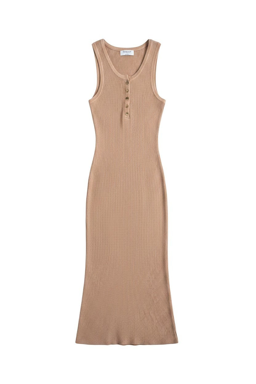 Yanet Collection Shop beige sleeveless ribbed maxi dress with a button-down neckline and fitted silhouette.