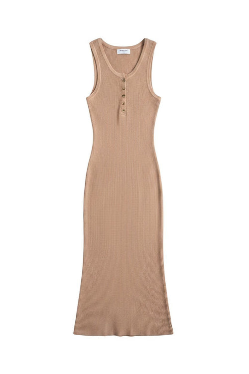 Yanet Collection Shop beige sleeveless ribbed maxi dress with a button-down neckline and fitted silhouette.